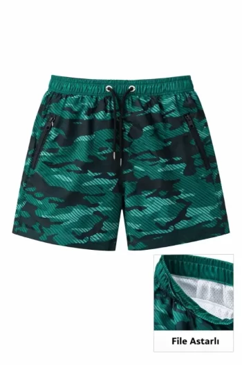 Deniz Şortu Fermuarlı Cepli File Astarlı Hızlı Kuruyan Premium - Su Yeşili