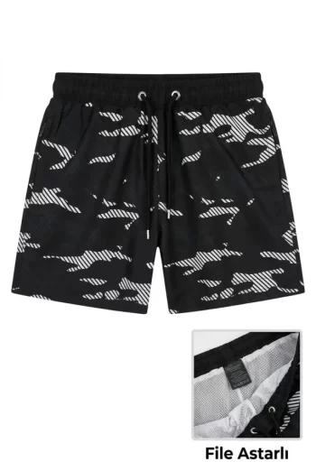 Deniz Şortu Fermuarlı Cepli File Astarlı Hızlı Kuruyan Premium - Siyah