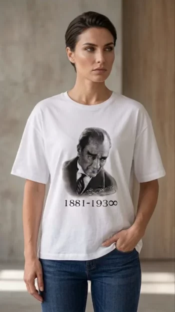 Atatürk Baskılı Tişört Kısa Kollu Bisiklet Yaka T-Shirt - Beyaz