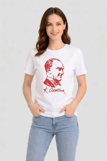 Atatürk Baskılı Tişört Kısa Kollu Bisiklet Yaka T-Shirt - Beyaz
