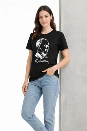 Atatürk Baskılı Tişört Kısa Kollu Bisiklet Yaka T-Shirt - Siyah