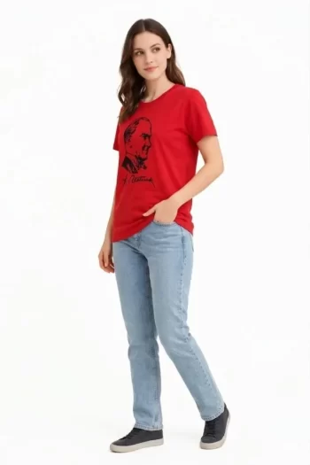 Atatürk Baskılı Tişört Kısa Kollu Bisiklet Yaka  T-Shirt - Kırmızı