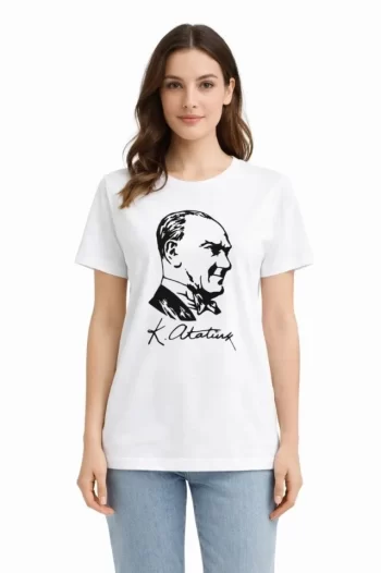 Atatürk Baskılı Tişört Kısa Kollu Bisiklet Yaka T-Shirt - Beyaz