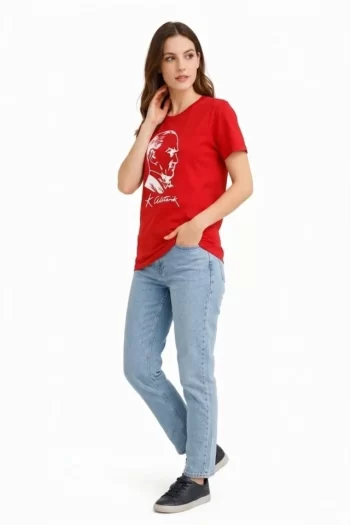 Atatürk Baskılı Tişört Kısa Kollu Bisiklet Yaka  T-Shirt - Kırmızı