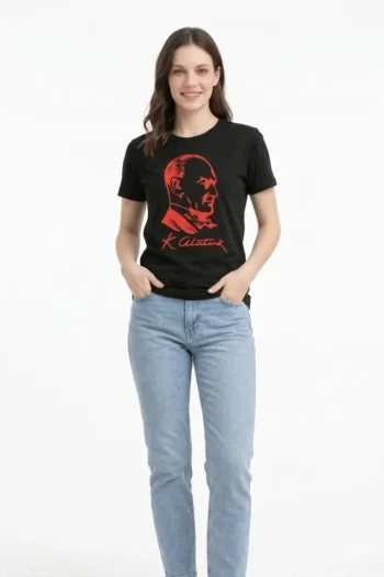 Atatürk Baskılı Tişört Kısa Kollu Bisiklet Yaka  T-Shirt - Siyah