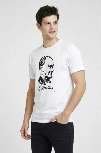 Erkek Atatürk Baskılı Tişört Kısa Kollu Bisiklet Yaka T-Shirt - Beyaz