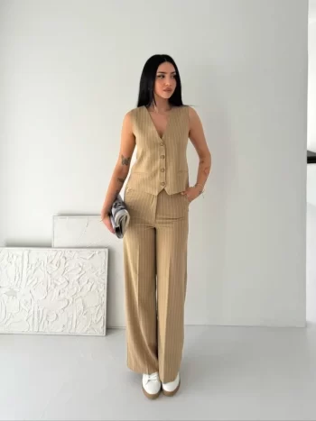 Çizgili Tansel Kumaş Yelek Pantolon İkili Takım Ofis Şık Modern - Bej