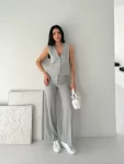 Çizgili Tansel Kumaş Yelek Pantolon İkili Takım Ofis Şık Modern – Gri