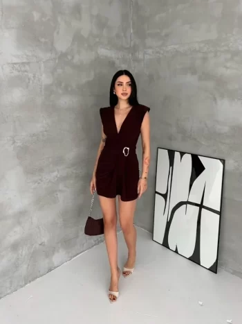 Kruvaze Drapeli Tokalı Mini Elbise Şık Gece Davet Abiye - Kahverengi
