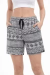Etnik Desenli Dokuma Şort Lastikli Bel Bağcıklı Cepli Yazlık – Gri