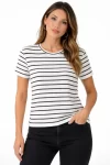 Çizgili Yazlık Triko T-Shirt Bisiklet Yaka Rahat Kalıp Tişört – Beyaz