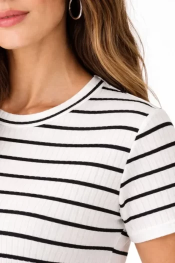 Çizgili Yazlık Triko T-Shirt Bisiklet Yaka Rahat Kalıp Tişört - Beyaz