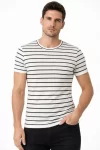 Erkek Çizgili Yazlık Triko T-Shirt Slim Fit Dar Kesim Body Bisiklet Yaka – Beyaz