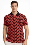 Erkek Pike Kumaş Polo Yaka Palmiye Desenli Tişört Kısa Kol Yazlık T-Shirt – Kırmızı