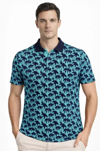 Erkek Pike Kumaş Polo Yaka Palmiye Desenli Tişört Kısa Kol Yazlık T-Shirt - Turkuaz
