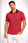 Erkek Pike Kumaş Polo Yaka Palmiye Desenli Tişört Kısa Kol Yazlık T-Shirt – Kırmızı