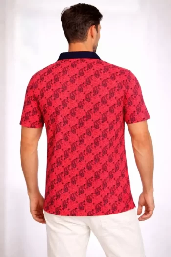 Erkek Pike Kumaş Polo Yaka Palmiye Desenli Tişört Kısa Kol Yazlık T-Shirt - Kırmızı