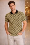 Erkek Pike Kumaş Polo Yaka Palmiye Desenli Tişört Kısa Kol Yazlık T-Shirt – Sarı
