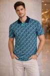Erkek Pike Kumaş Polo Yaka Palmiye Desenli Tişört Kısa Kol Yazlık T-Shirt – Turkuaz