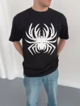 Erkek Örümcek Baskılı Tişört Kısa Kollu Bisiklet Yaka T-Shirt – Siyah
