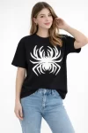 Örümcek Baskılı Tişört Kısa Kollu Bisiklet Yaka T-Shirt – Siyah