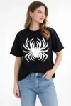 Örümcek Baskılı Tişört Kısa Kollu Bisiklet Yaka T-Shirt – Siyah