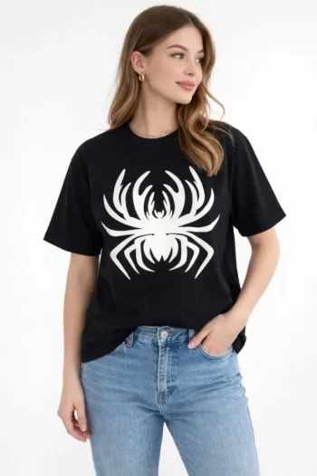 Örümcek Baskılı Tişört Kısa Kollu Bisiklet Yaka T-Shirt - Siyah