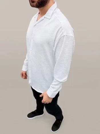 Erkek Aerobin Kumaş Oversize 4 Mevsim Uzun Kollu Rahat Kalıp Gömlek - Beyaz