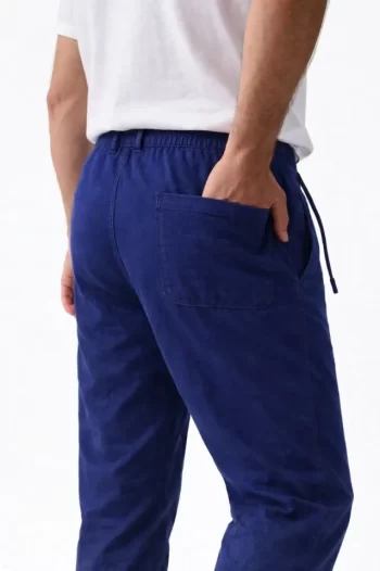 Erkek Keten Cepli Pantolon Lastikli Bel Bağcıklı Önden Fermuarlı - İndigo
