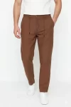 Erkek Keten Cepli Pantolon Lastikli Bel Bağcıklı Önden Fermuarlı – Kahverengi
