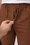 Erkek Keten Cepli Pantolon Lastikli Bel Bağcıklı Önden Fermuarlı – Kahverengi