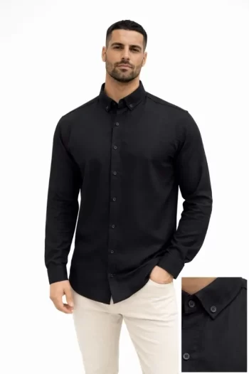 Erkek KETEN Kumaş Oversize Uzun Kollu Rahat Kalıp Gömlek - Siyah