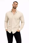 Erkek KETEN Kumaş Oversize Uzun Kollu Rahat Kalıp Gömlek – Bej