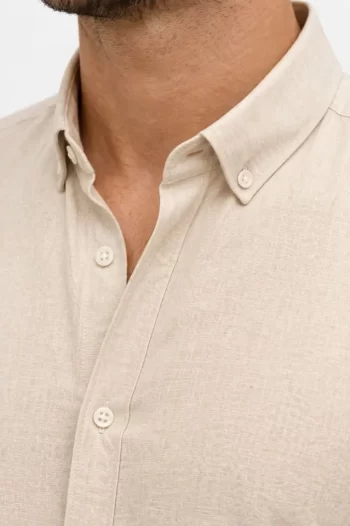 Erkek KETEN Kumaş Oversize Uzun Kollu Rahat Kalıp Gömlek - Bej