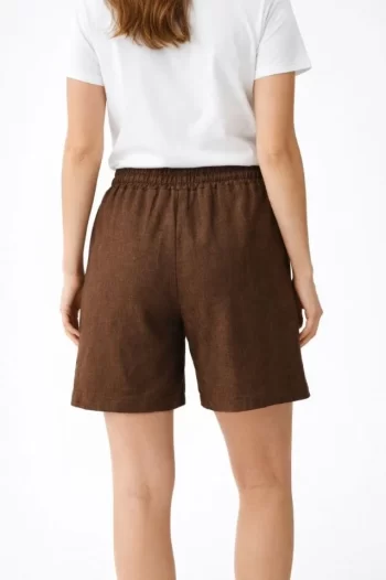 Keten Kumaş Cepli Rahat Kesim Bel Lastikli Şort - Kahverengi