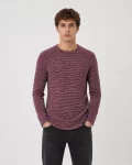 Erkek Dokulu Çizgili Uzun Kollu Tişört Oval Kesim - Bordo