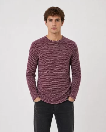 Erkek Dokulu Çizgili Uzun Kollu Tişört Oval Kesim - Bordo