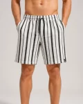 Erkek Çizgili Yazlık Şort Dokuma Kumaş Lastikli Bel Cepli Rahat Kesim – Ekru