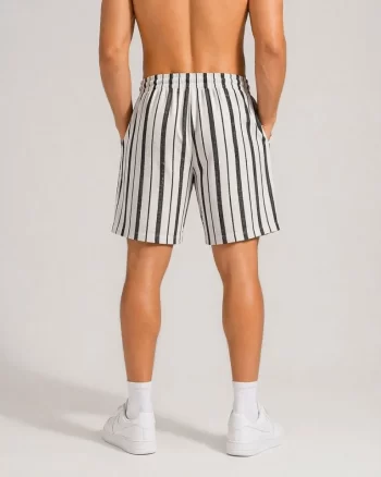 Erkek Çizgili Yazlık Şort Dokuma Kumaş Lastikli Bel Cepli Rahat Kesim - Ekru