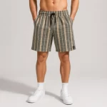 Erkek Çizgili Yazlık Şort Dokuma Kumaş Lastikli Bel Cepli Rahat Kesim – Haki