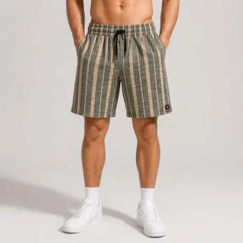 Erkek Çizgili Yazlık Şort Dokuma Kumaş Lastikli Bel Cepli Rahat Kesim - Haki