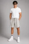 Erkek Dokuma Şort Etnik Desenli Lastikli Bağcıklı Bel Cepli Yazlık Rahat – Bej