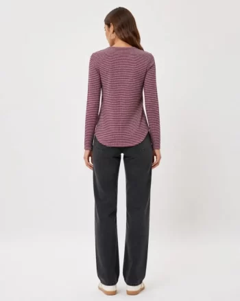 Dokulu Çizgili Uzun Kollu Tişört Oval Kesim Basic Rahat Kalıp Bluz - Bordo