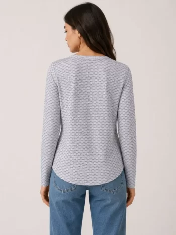 Likralı Dokulu Uzun Kollu Tişört Oval Kesim Rahat Kalıp Bluz - Gri