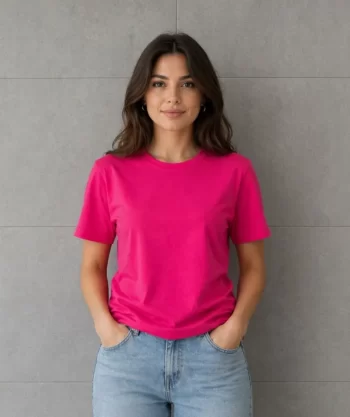 Basic Pamuklu Tişört Bisiklet Yaka Düz Renk Relaxed Fit T-Shirt - Fuşya