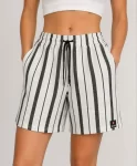 Çizgili Dokuma Yazlık Şort Yüksek Bel Lastikli Bel Bağcıklı Rahat Kalıp Günlük Şort – Ekru