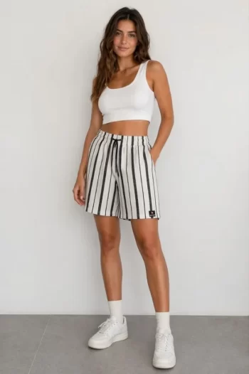Çizgili Dokuma Yazlık Şort Yüksek Bel Lastikli Bel Bağcıklı Rahat Kalıp Günlük Şort - Ekru