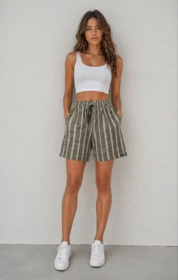 Çizgili Dokuma Şort Yüksek Bel Lastikli Cepli Yazlık Rahat Kesim - Haki