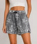 Etnik Desenli Dokuma Şort Yüksek Bel Lastikli Bağcıklı Cepli Yazlık Rahat – Gri