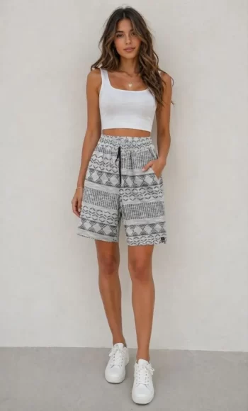 Etnik Desenli Dokuma Şort Yüksek Bel Lastikli Bağcıklı Cepli Yazlık Rahat - Gri